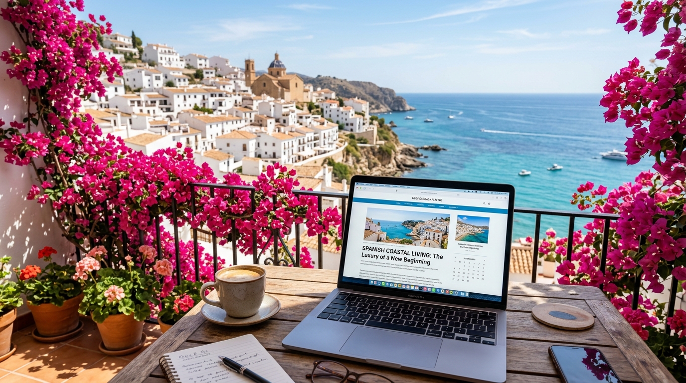 Relocation to Spain student studying on laptop with whitewashed Spanish coastal view