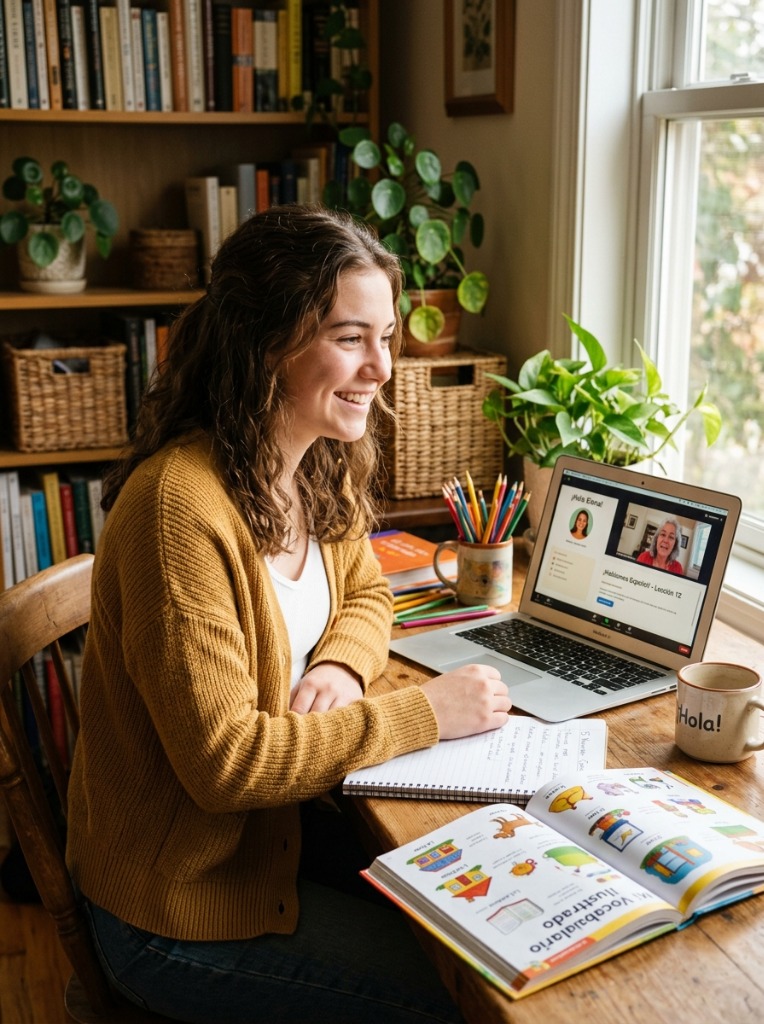 Student engaged in online Spanish relocation lesson with native Spanish teachers on screen